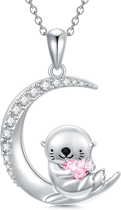 PROESS Animal Birthstone Necklace 925 Sterling Silver Otter/Axolotl/Hippo/Elephant/Dachshund/Monkey/Red Panda Pendant Necklace Animal Birthstone Jewelry Gifts for Women