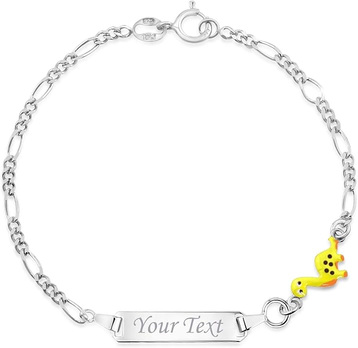 UNICORNJ 925 Italy Sterling Silver Child or Baby Name Bracelet Girls Boys, Personalized Engraved Kids ID Bracelets, 6.5" Figaro Chain, Enamel Charm Newborn Infant Toddler Kid Jewelry