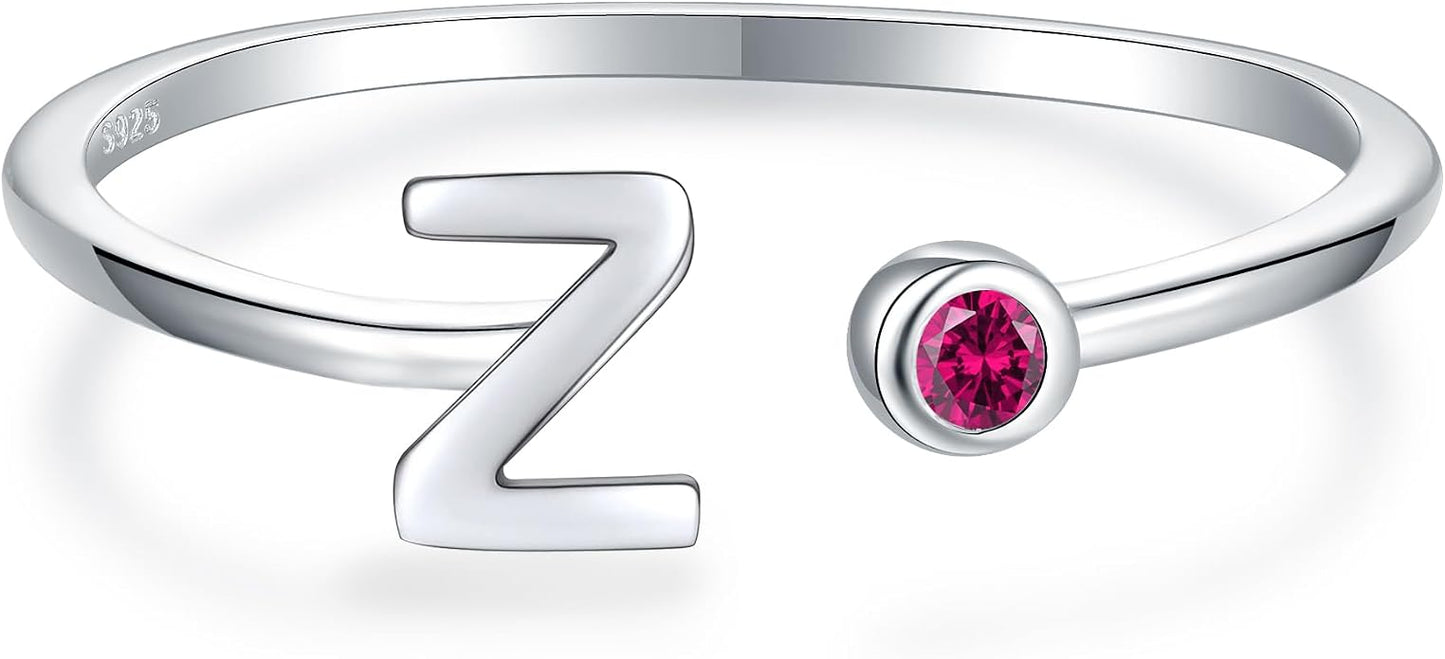 925 Sterling Silver Initial Letter Birthstone Rings for Women Adjustable 1-12 Month Birthstone Alphabet Stacking Ring for Teens Girls Stackable Birthstone Rings Birthday Jewelry Gift for Daughter Mom