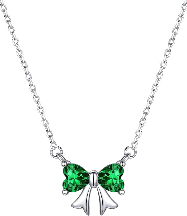 ChicSilver Bow and Cat Birthstone Necklace, 925 Sterling Silver Pendant Necklaces for Women, Hypoallergenic Silver Choker with 16 inch Rolo Chain, 12 Months Jewelry for Valentines Mothers Day Christmas