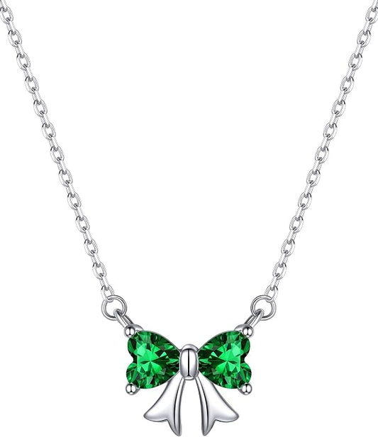 ChicSilver Bow and Cat Birthstone Necklace, 925 Sterling Silver Pendant Necklaces for Women, Hypoallergenic Silver Choker with 16 inch Rolo Chain, 12 Months Jewelry for Valentines Mothers Day Christmas