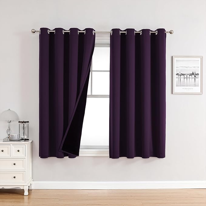 ChrisDowa 100% Blackout Curtains for Bedroom 2 Panels Set with Black Liner | 2 Thick Layers, Thermal Insulated, Light Blocking, Grommet, Window Treatment, Living Room Drapes, Royal Purple, 52 x 45 Inch