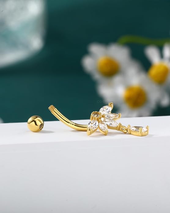 COCHARM 14K Gold Plated Belly Button Ring 14G 10MM Dangle Belly Navel Rings for Women Surgical Steel Navel Barbell Piercing Jewelry
