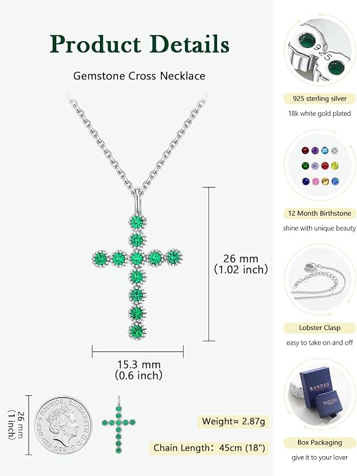 Sterling Silver Cross Necklace for Women Birthstone Religious Jewelry