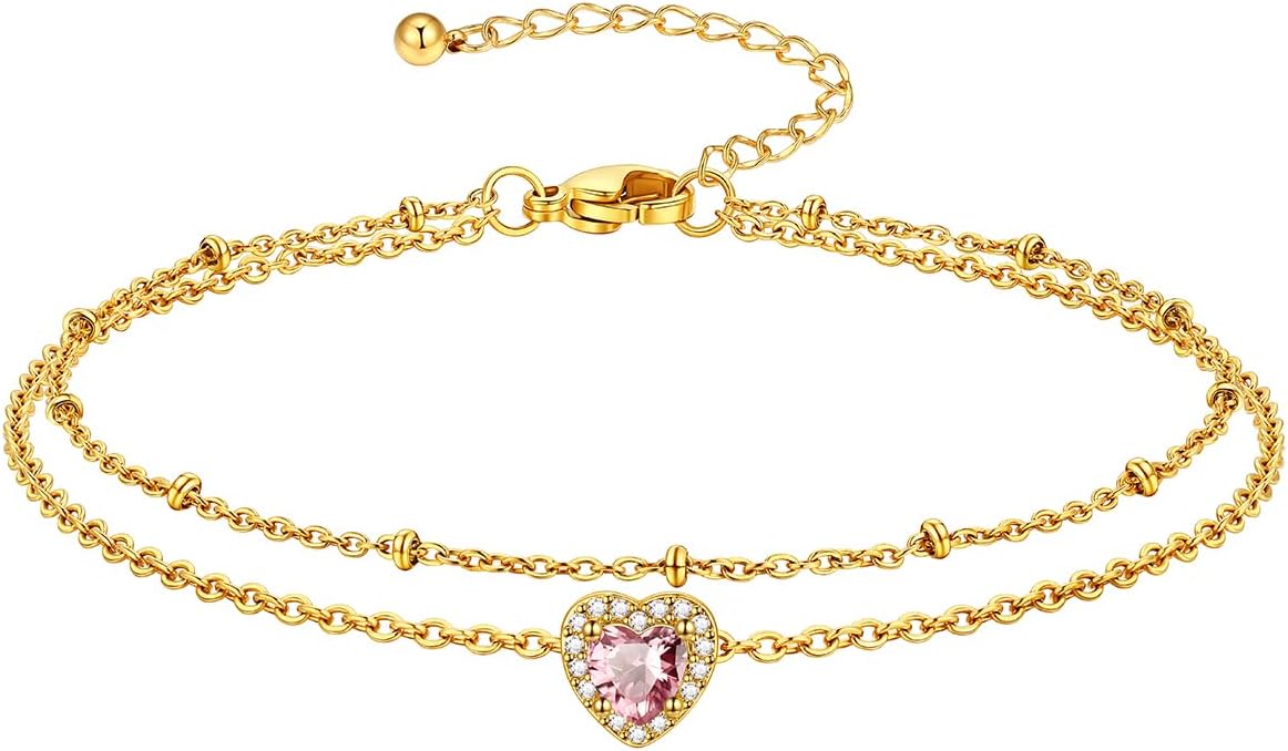 Richsteel Double Layer Heart/Butterfly Birthstone Anklet for Women Non Tarnish Waterproof, Silver/Gold/Black Stainless Steel 8.5-10.5 Inch Adjustable Chain Anklets Jewelry Gifts for Her
