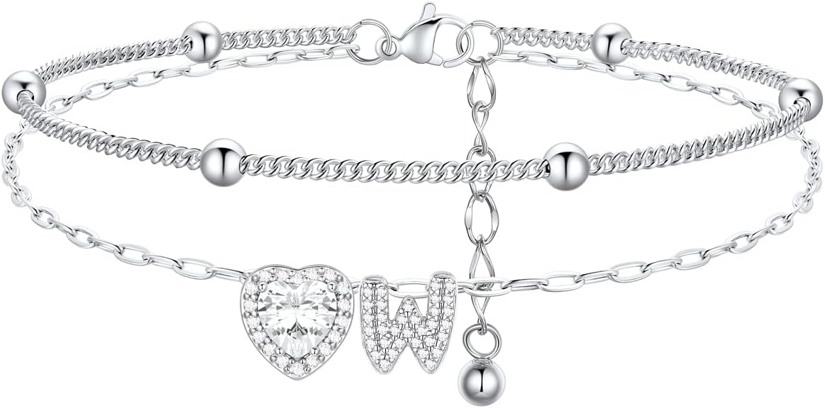 FindChic Silver/14K Gold Plated Layered CZ Initial Ankle Bracelet for Women | Waterproof Stainless Steel, Cubic Zirconia Letter Charm, Non-Tarnish, Hypoallergenic, Adjustable Extender, Summer Jewelry