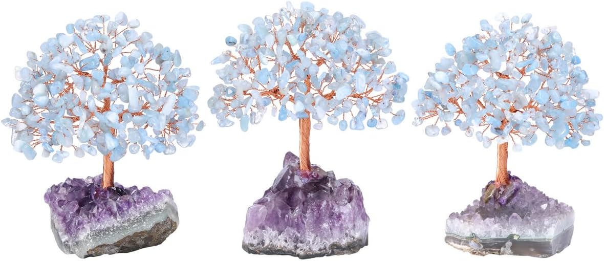 Jovivi Natural Aquamarine Healing Crystal Money Tree on Amethyst Cluster Geode Druzy Base Feng Shui Crystals for Home Office Desk Decorations, Wealth, Good Luck