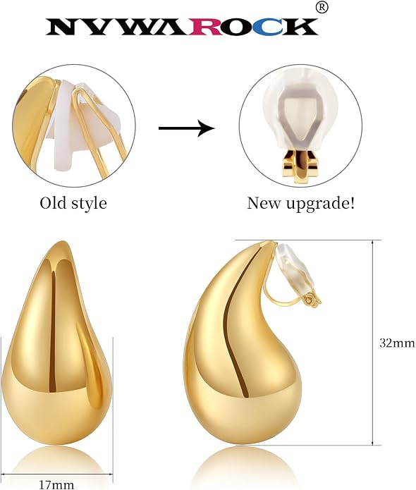Gold Drop Clip On Earrings Dupes Teardrop Chunky Non Pierced Earring 14K Real Gold Plated Hypoallergenic Lightweight Earrings for Women（Gold and Silver）