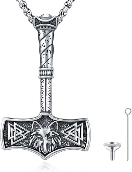 Thors Hammer Necklace - Viking Mjolnir Necklace Nordic Vegvisir Valknut Symbol Pendant 925 Sterling Silver Norwegian Amulet Jewelry Gift for Men Women