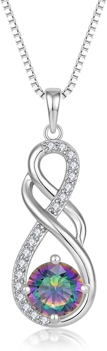 Gemstone Infinity Pendant Necklaces for Women, S925 Sterling Silver Round cut Zircon Necklace Birthstone Jewelry Gift for Her