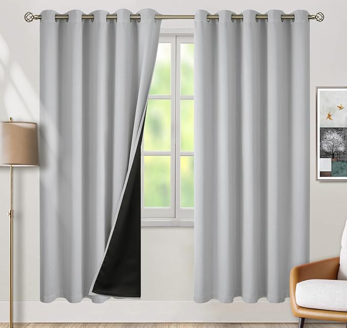 BGment Thermal Insulated 100% Blackout Curtains for Bedroom with Black Liner, Double Layer Full Room Darkening Noise Reducing Grommet Curtain (60 x 84 Inch, Light Grey, 2 Panels)