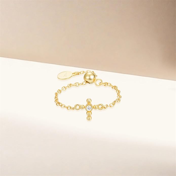 925 Sterling Silver Link Chain Fidget Rings with Dangle Bead Star for Women 14k Gold Plated Adjustable Sparkling Twist Rope Ring Stackable Line Finger Ring Jewelry Christmas Gifts for Mom