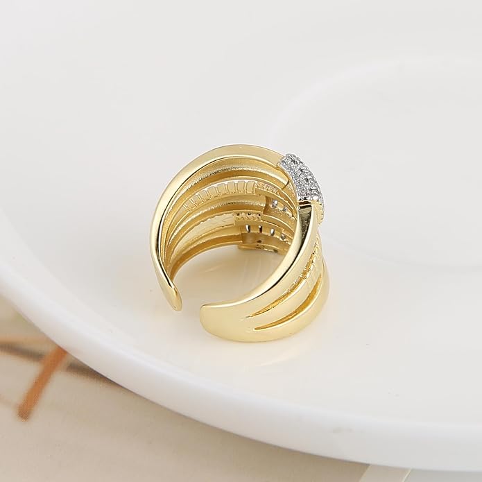 HZMAN 14K Gold Plated Brass Open Ring Collection for Women, Non-Adjustable Crystal Inlay Statement Rings, Wide Band Cocktail Jewelry Assorted Styles