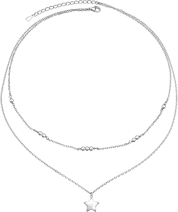 Layered Choker Necklaces for Women S925 Sterling Silver Circle/Heart/Cross/Star Multi Layered Necklace Handmade Bead Chain Adjustable Jewelry for Birthday