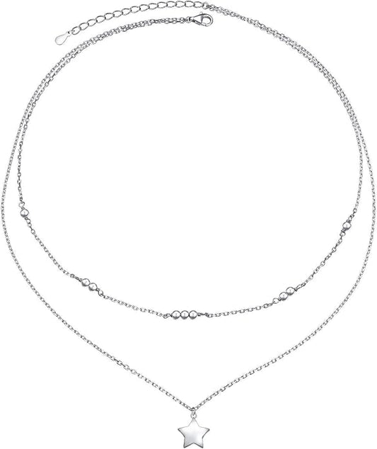 Layered Choker Necklaces for Women S925 Sterling Silver Circle/Heart/Cross/Star Multi Layered Necklace Handmade Bead Chain Adjustable Jewelry for Birthday