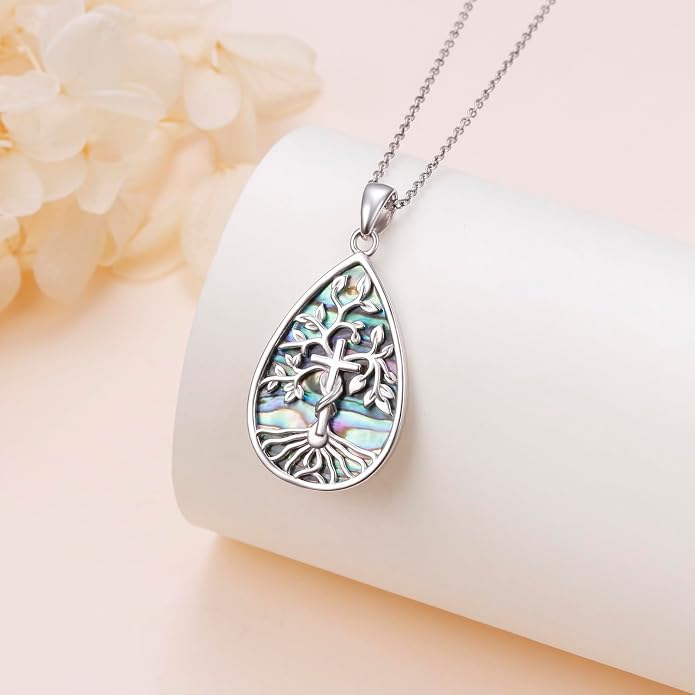 Abalone Shell Tree of Life Necklace 925 Sterling Silver Tear Drop Cross Pendent Necklace Mothers day Christmas Jewelry Gift for Women Men