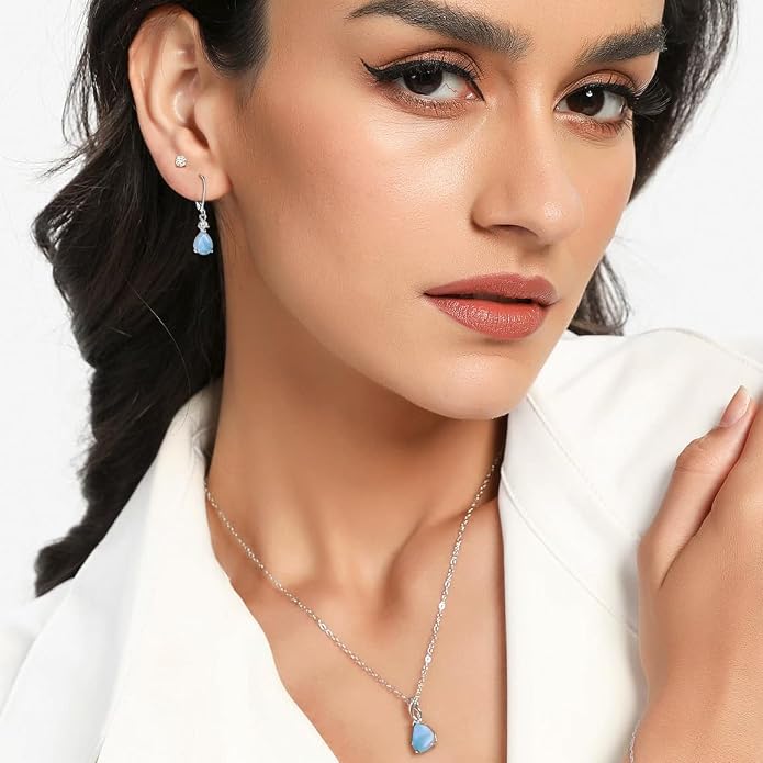 MDFUN 925 Sterling Silver Natural Larimar Earrings for Women Hypoallergenic Dangle Drop Blue Gemstone Leverback Jewelry