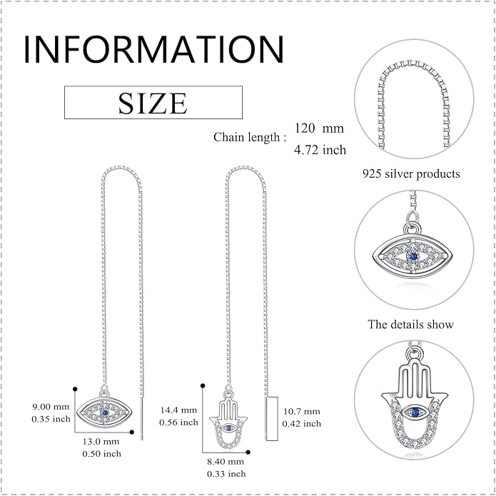 Sterling Silver Threader Earrings Flower Heart Moon Star Tiny Cube Rhombus Sector Beads Dream Catcher Evil Eye Butterfly Leaf Lightning Bolt Tassel Dangle Drop Chain Charm Earrings Jewelry Gifts for Women