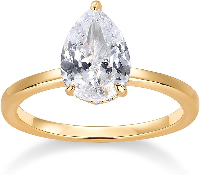 PAVOI 14K Gold Plated Simple 2.5CT Pear Cubic Zirconia Hidden Halo Eternity Ring Bridal Wedding Promise Statement - Engagement Ring for Women