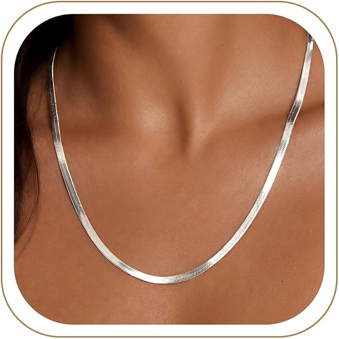WomenGifts 14K Gold Silver Plated Herringbone Necklace for Women, Dainty Snake Chain Choker, Trendy Simple Long Layered Jewelry Non Tarnish, 3/4/5/8mm,14,16,18,20,22,24,26 Inch Thin & Chunky Options