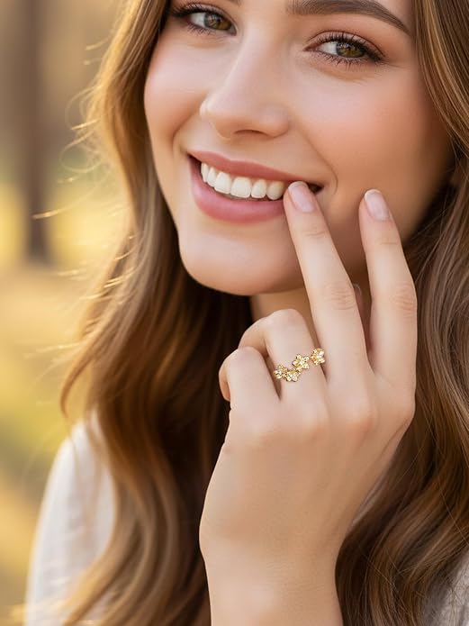 Moissanite Flower/Butterfly/Star Pretty Open Ring for Women, Adjustable Ring, Solid 925 Sterling Silver with Gold Plated, Stackable Ring, Birthday Valentines Anniversary Mothers Day Ideal Gift for Her