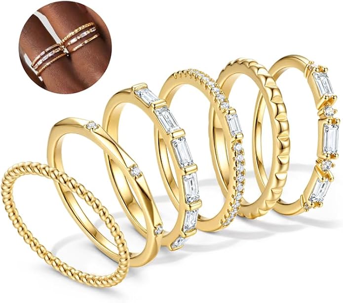 FIBO STEEL Gold Rings for Women Non Tarnish Dainty Stackable Ring Set Hypoallergenic Cubic Zirconia Wedding Band Promise Bands for Her Women's Jewelry Size 5-10