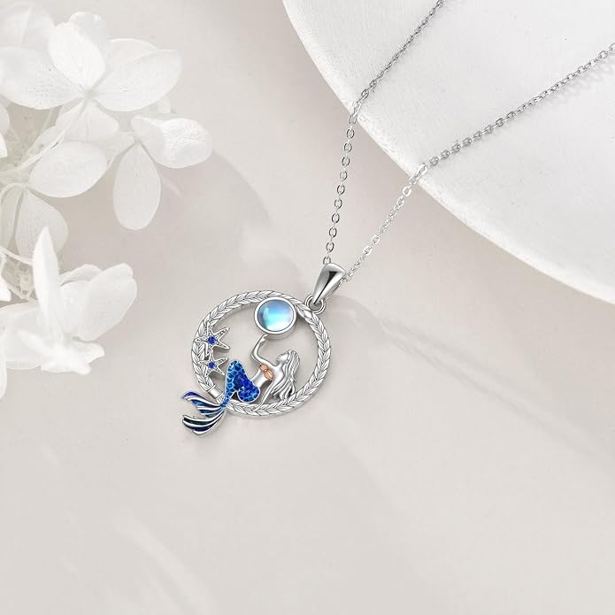 LUHE Mermaid Necklace Jewelry Gifts Sterling Silver Sea Mermaid Crescent Moon and Star Necklace with Flower Pendant Birthday Gifts for Daughter Women
