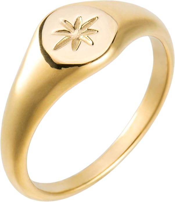 18K Gold Plated Women's Starburst Signet Ring - Minimalist Mother of Pearl Statement Piece