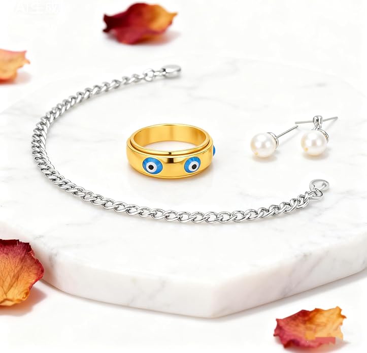 Evil Eye Fidget Ring for Women - 18K Gold Plated Stainless Steel Spinner Rings for Anxiety Relief, Ojo Turco Ring Luck Amulet, Turkish Faith Protection Stackable Jewelry Gift for Women Men (Gold, 6) (L, 5) (7)
