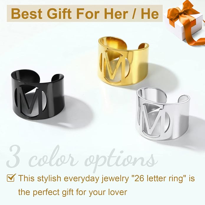 KeyStyle Bold Initial Letter Rings Adjustable, GoldChic Jewelry Women Gold Statement Ring Personalized Engraved Women’s Open Signet Ring for Party (Gold, White Gold, Black)