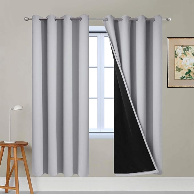 Yakamok Light Grey 100% Blackout Curtains 72 Inches Long 52" Wide 2 Panel | Blackout Curtain Panels for Bedroom, 2 Thick Layers Grommet Top Thermal Insulated Drapes with Black Liner for Living Room