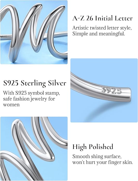 SILVERCUTE S925 Initial Rings, Adjustable Size 6-12 Statement Alphabet Letter A-Z Jewelry Personalized Twisted Initials Rings Sterling Silver Stacking Ring for Women