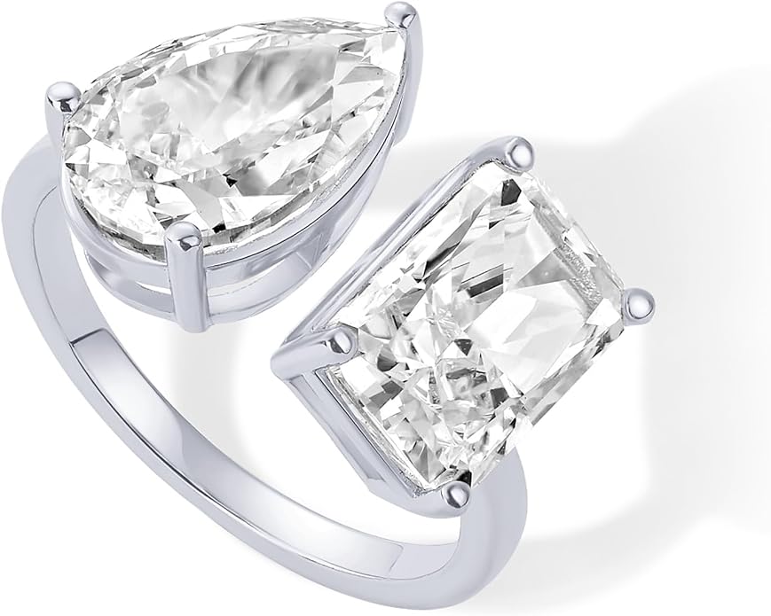 PAVOI 14K Gold Plated Toi Et Moi Radiant-Cut Pear-Shaped Cubic Zirconia Wedding Engagement Ring for Women - Statement Promise Ring