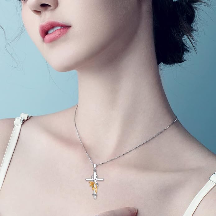 Cross Necklace for Women 925 Sterling Silver I Love You Necklace Religious Jewelry with Gift Box for Mother Daughter