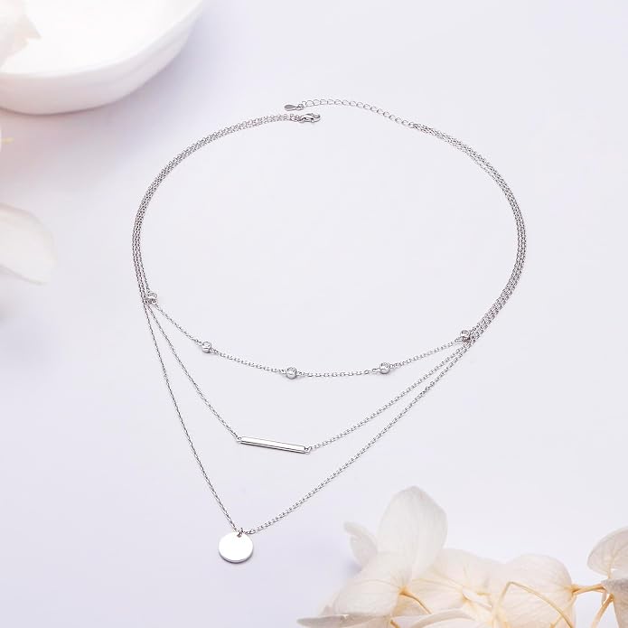 Layered Choker Necklaces for Women S925 Sterling Silver Circle/Heart/Cross/Star Multi Layered Necklace Handmade Bead Chain Adjustable Jewelry for Birthday