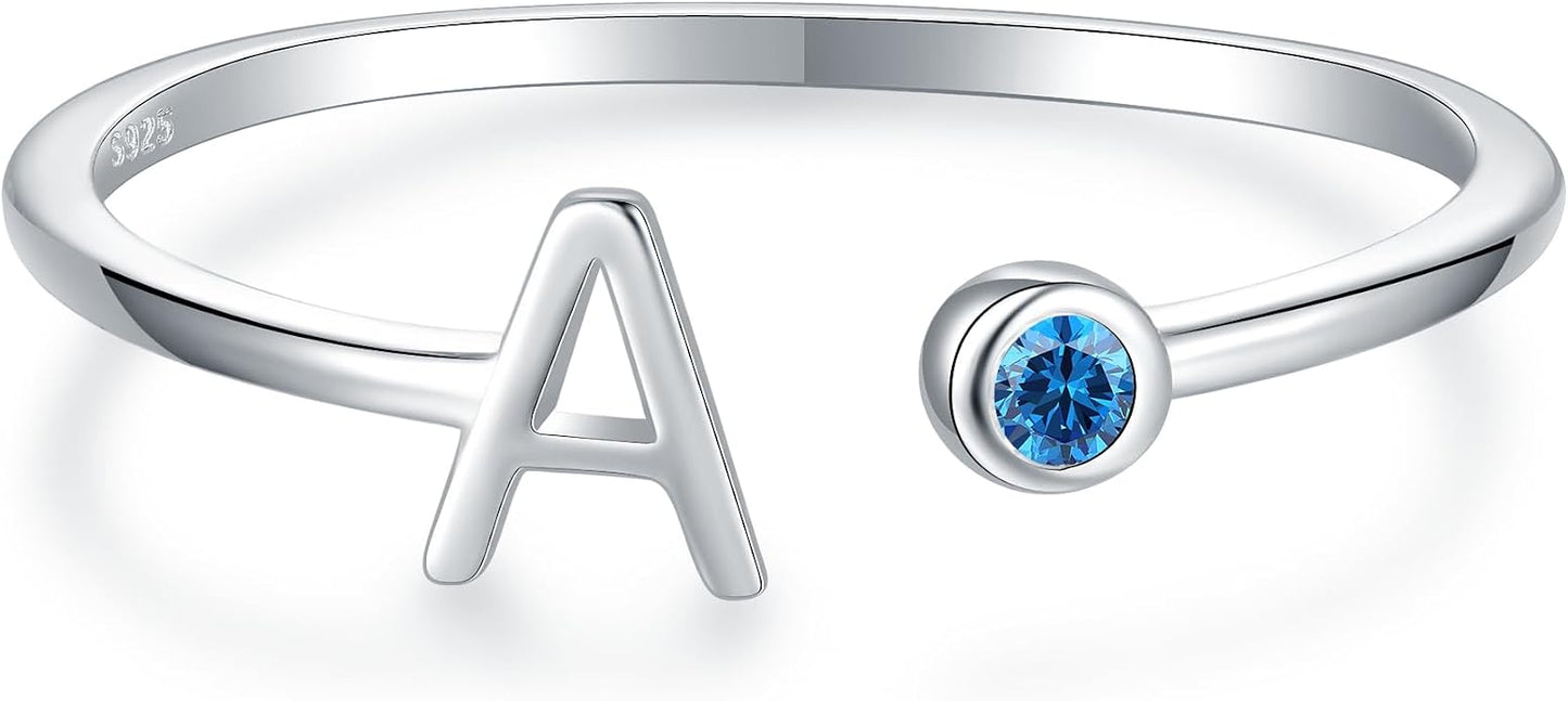 925 Sterling Silver Initial Letter Birthstone Rings for Women Adjustable 1-12 Month Birthstone Alphabet Stacking Ring for Teens Girls Stackable Birthstone Rings Birthday Jewelry Gift for Daughter Mom