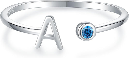 925 Sterling Silver Initial Letter Birthstone Rings for Women Adjustable 1-12 Month Birthstone Alphabet Stacking Ring for Teens Girls Stackable Birthstone Rings Birthday Jewelry Gift for Daughter Mom