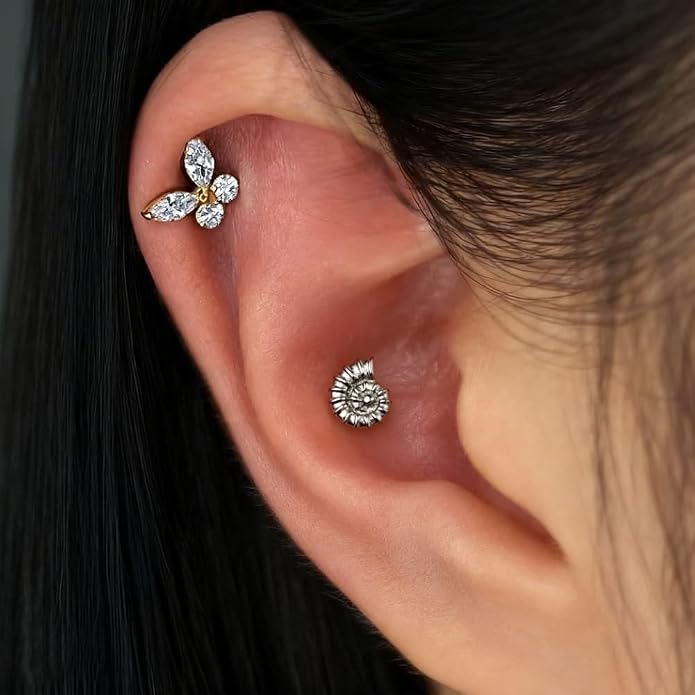 Casvort 3 PCS ASTM F136 Titanium 16G/18G Moth Bird Snail Flower Heart Spiral Threadless Flatback Piercing Stud for Nose, Labret, Tragus, Helix, Conch with 6mm 7mm and 8mm Post- Cartilage Earring Body Piercing Jewelry