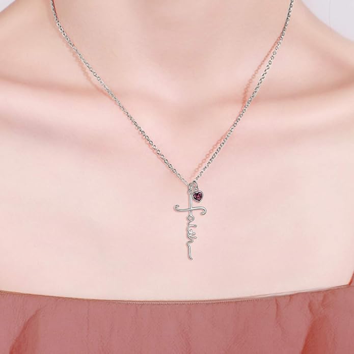 Faith Cross Necklace For Women Birthstone Sterling Silver with Simulated Birthstone Cross Jewelry Christian Gifts