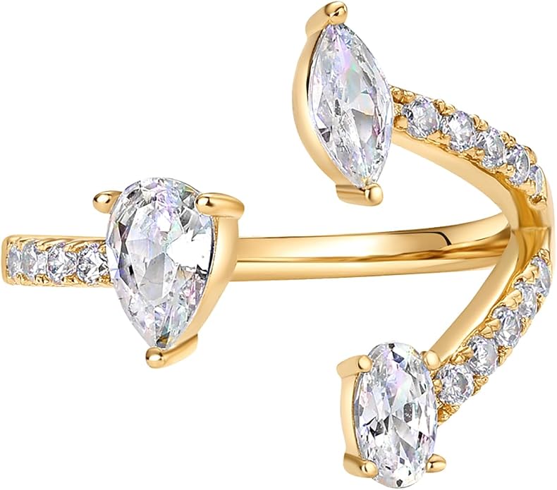 PAVOI 14K Gold Plated Cubic Zirconia Bypass Open Band Stackable Ring for Women | CZ Statement Eternity Rings