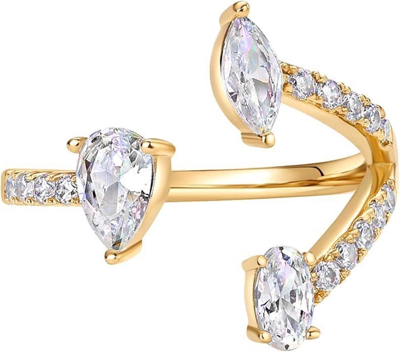 PAVOI 14K Gold Plated Cubic Zirconia Bypass Open Band Stackable Ring for Women | CZ Statement Eternity Rings