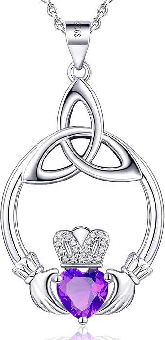 Gift Birthstone Necklaces for Women 925 Sterling Silver Irish Claddagh Necklace for Women Heart Birthstone Pendant Necklace Anniversary Birthday Gifts for Wife Lady Cable Chain 18"+2"