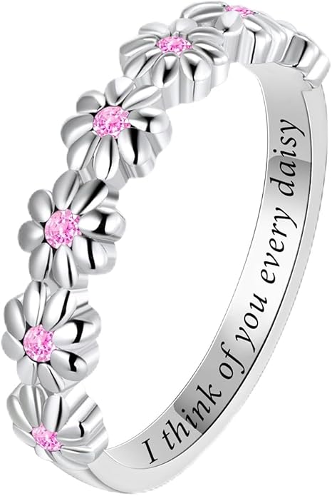 Dainty Daisy Ring for Women, S925 Sterling Silver Cubic Zirconia Sunflower Flower Ring For Daughter, I Think Of You Every Daisy Ring, Birthstone Flower Ring