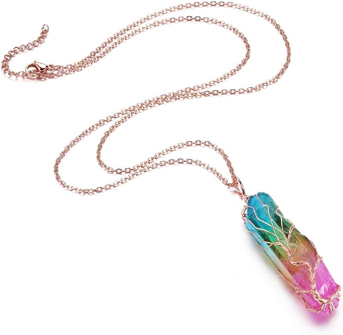 PESOENTH Crystal Necklace Life Tree Rainbow Quartz Gemstone Healing Stone Rose Gold Wire Wrap Necklace Crystal Jewelry Spiritual Gifts for Women