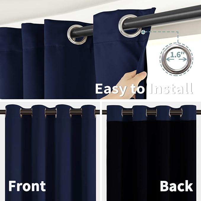 BGment Thermal Insulated 100% Blackout Curtains for Bedroom with Black Liner, Double Layer Full Room Darkening Noise Reducing Grommet Curtain (38 x 63 Inch, Navy Blue, 2 Panels)