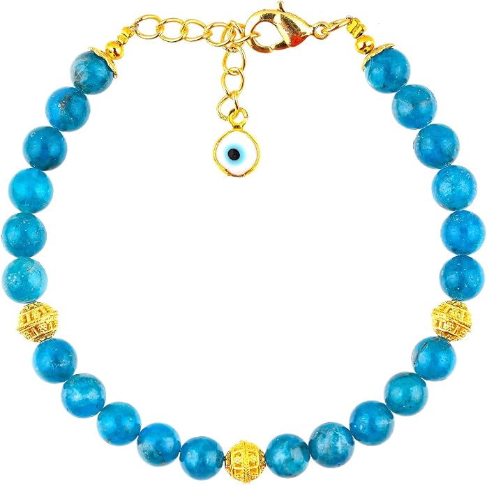AAA Grade Natural Gemstone Beaded Bracelet, 14K Gold Plated with Evil Charm, Wicca & Reiki Healing Crystals, Handmade Bohemian Jewelry, Christmas Gift for Women (7+1inch)