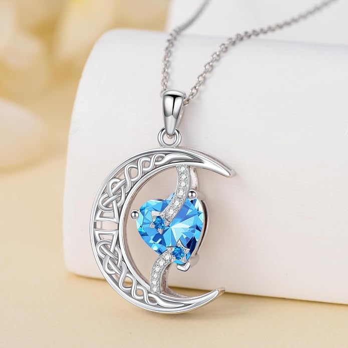TOUPOP Moon and Star Birthstone Necklace for Women 925 Sterling Silver Celtic Moon Jewelry Birthday Mothers Day Gifts for Mom Wife Her