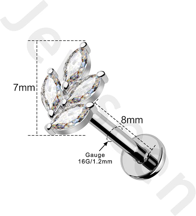 Jewseen G23 Titanium Flat Back Earrings Internally Threaded Cartilage Stud 16g Nose Leaf Lip Tragus Helix Earrings for Women Men