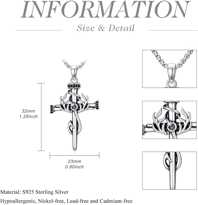 Crown of Thorns Necklace for Men 925 Sterling Silver Nail Cross Necklace Pendant Religious Christian Jewelry Valentines Day Gifts for Men