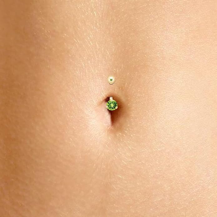 AFFY Internally Threaded Belly Button Navel Ring for Women, Three-Prong Round Simulated Birthstone in 14K Gold Over 925 Sterling Silver, Body Piercing Jewelry Gift